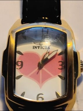 Invicta Gold-Tone Watch with Pink Heart Dial and Black Strap